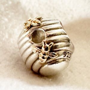 PANDORA Retired Authentic Rare Two Tone Bee Hive Charm w/ Solid 14k Gold Bees